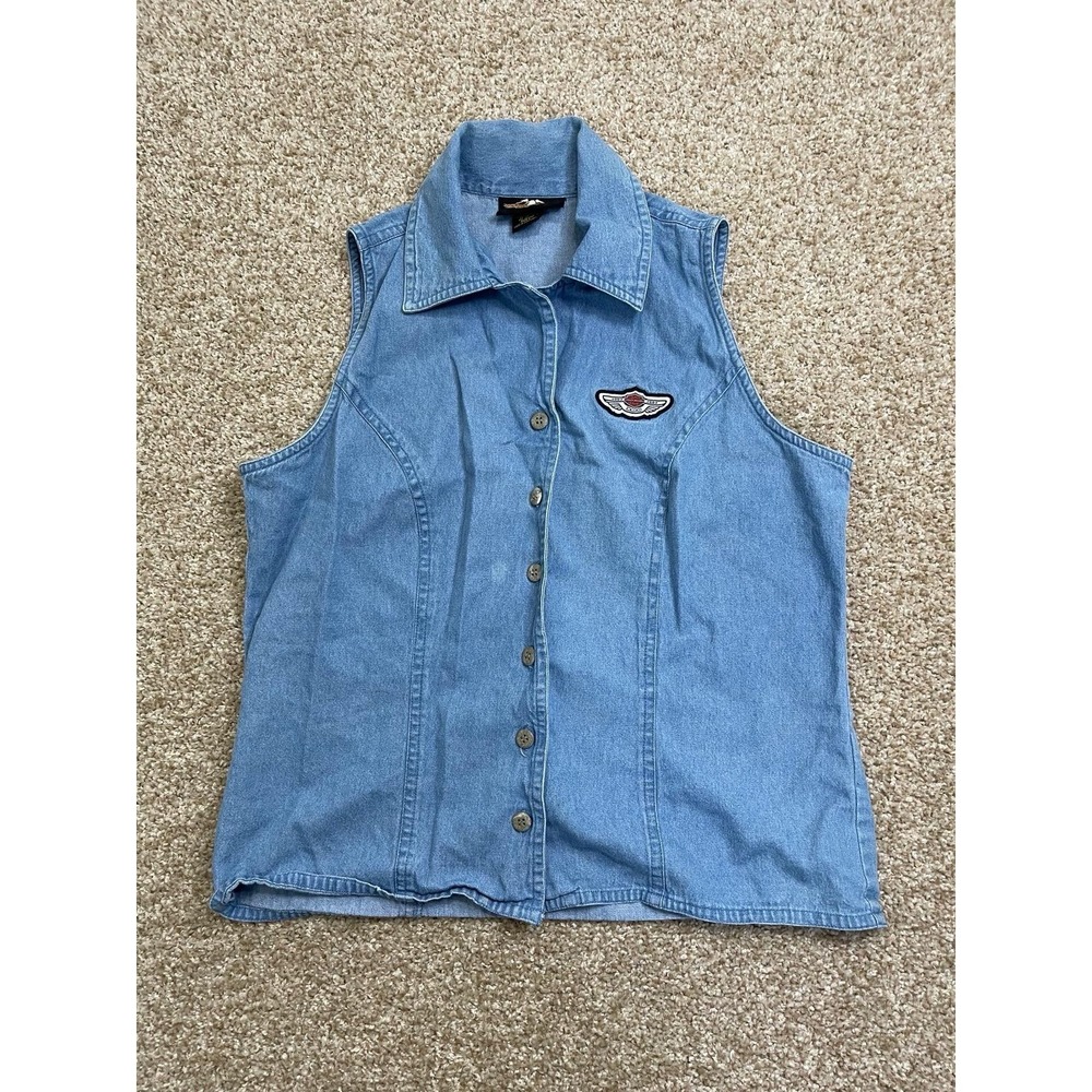 Harley Davidson Logo Denim Collared Button Front Vest Motorcycle Size XL